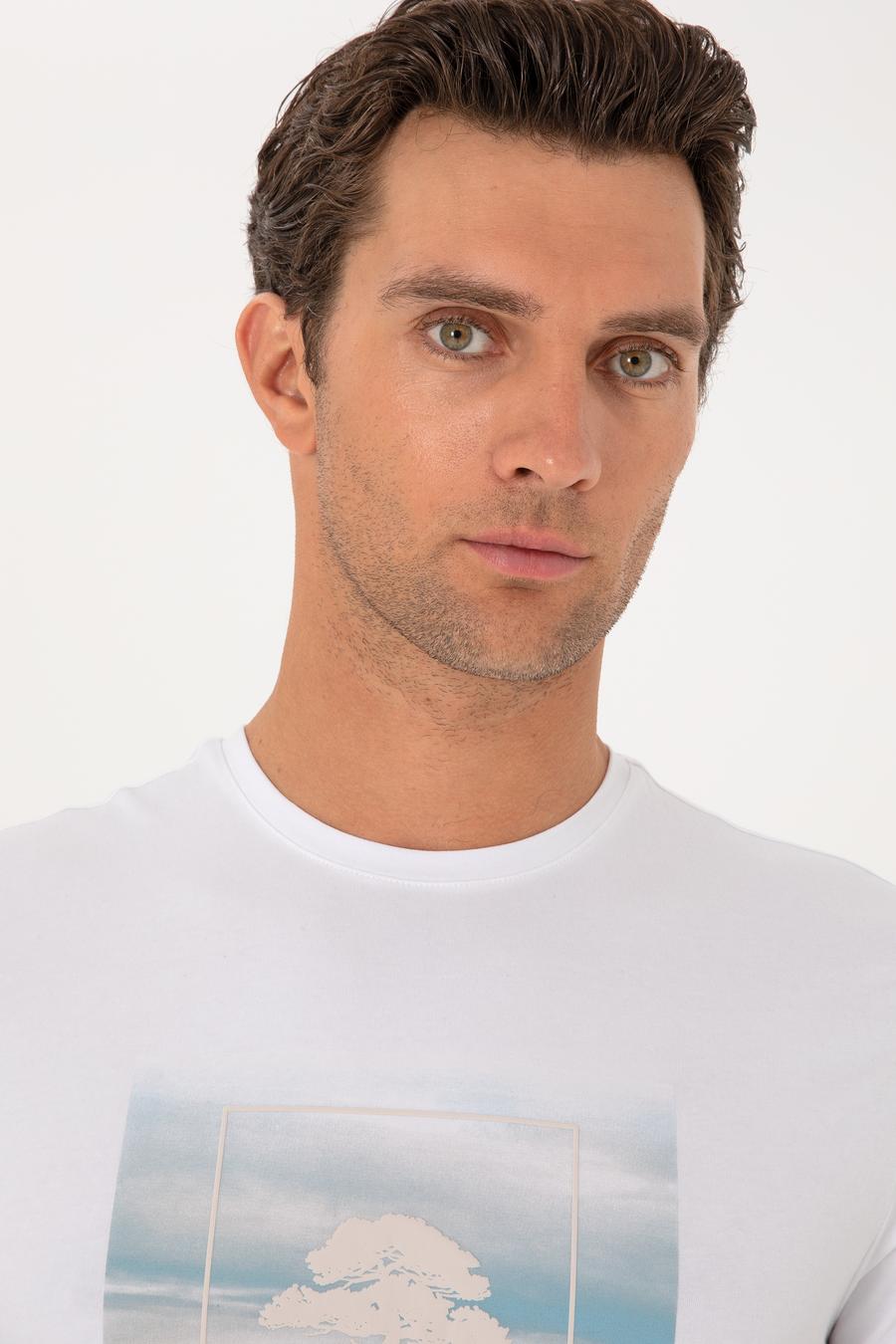 Beyaz Slim Fit Bisiklet Yaka Pamuk Karışımlı T-shirt - 50311403028