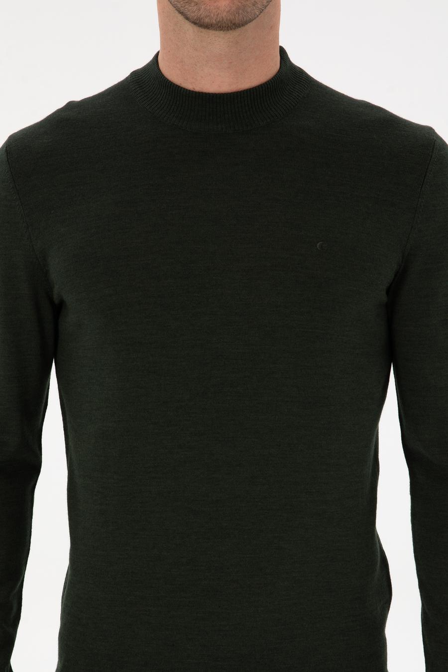 Koyu Yeşil  Slim Fit Yün Karışımlı Çeyrek Balıkçı Basic Triko Kazak - 50315295099