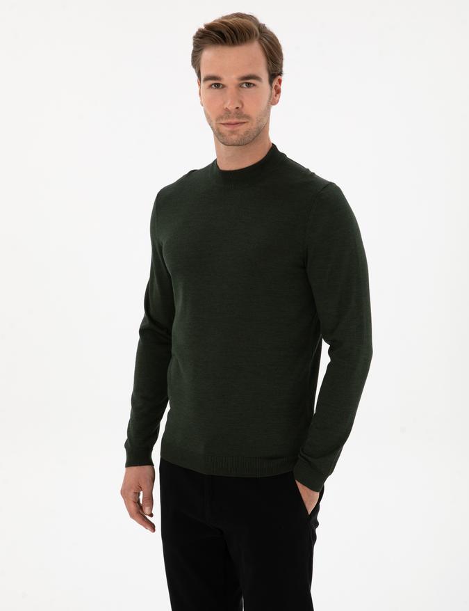 Koyu Yeşil  Slim Fit Yün Karışımlı Çeyrek Balıkçı Basic Triko Kazak