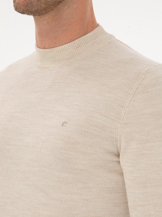 Bej Slim Fit Yün Karışımlı Çeyrek Balıkçı Basic Triko Kazak