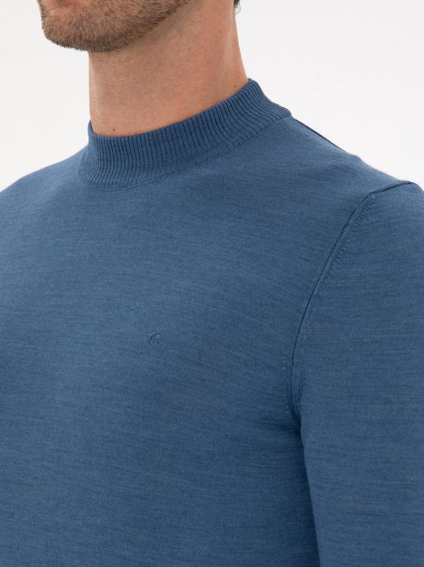 Koyu Mavi Slim Fit Yün Karışımlı Çeyrek Balıkçı Basic Triko Kazak