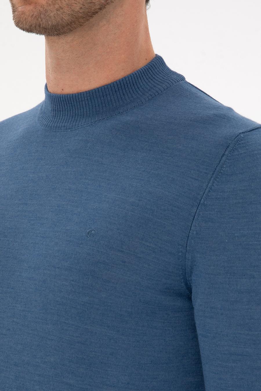 Koyu Mavi Slim Fit Yün Karışımlı Çeyrek Balıkçı Basic Triko Kazak - 50315295017