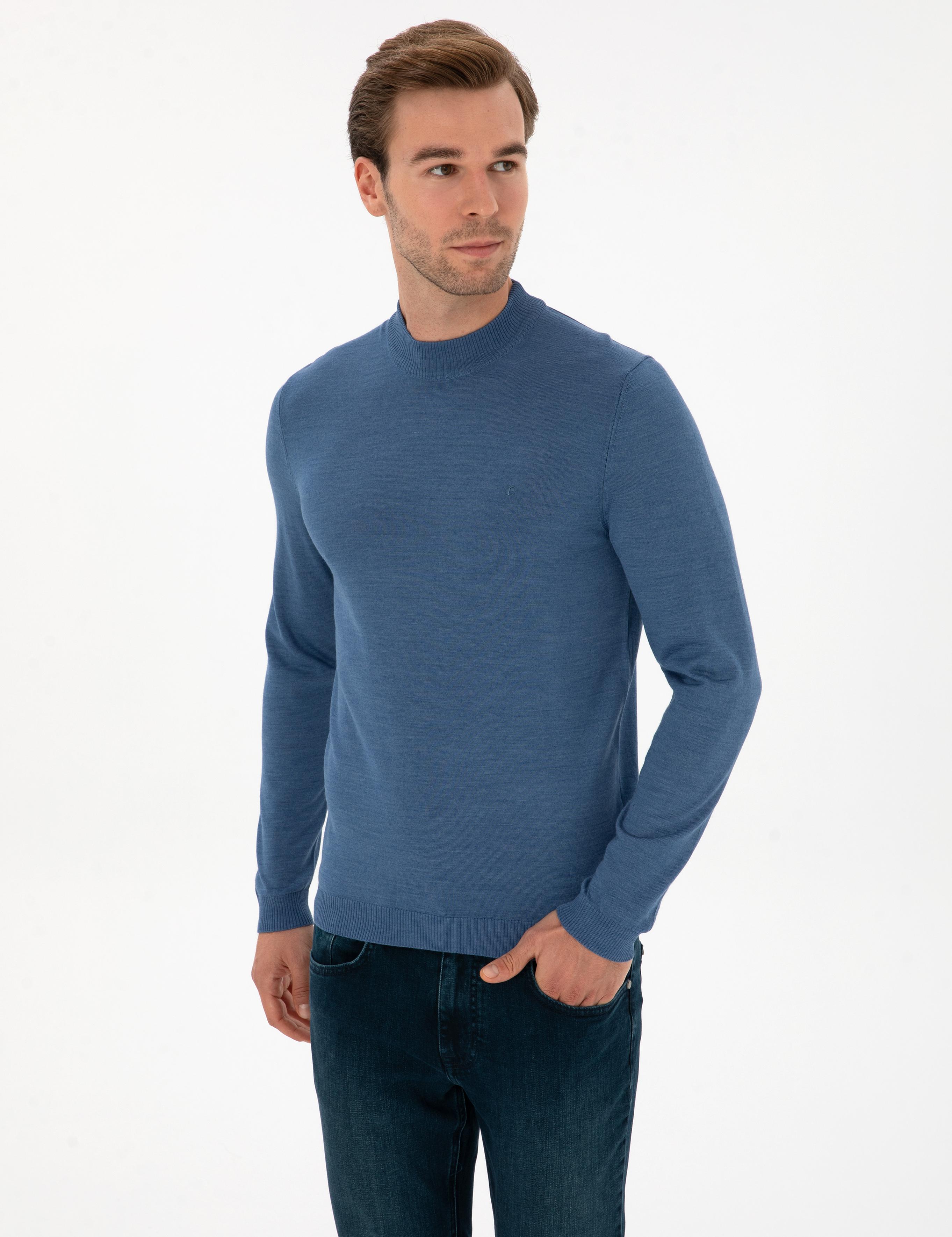 Koyu Mavi Slim Fit Yün Karışımlı Çeyrek Balıkçı Basic Triko Kazak - 50315295017