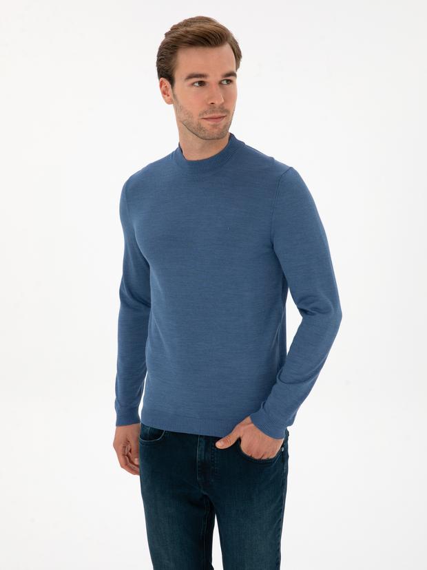 Koyu Mavi Slim Fit Yün Karışımlı Çeyrek Balıkçı Basic Triko Kazak