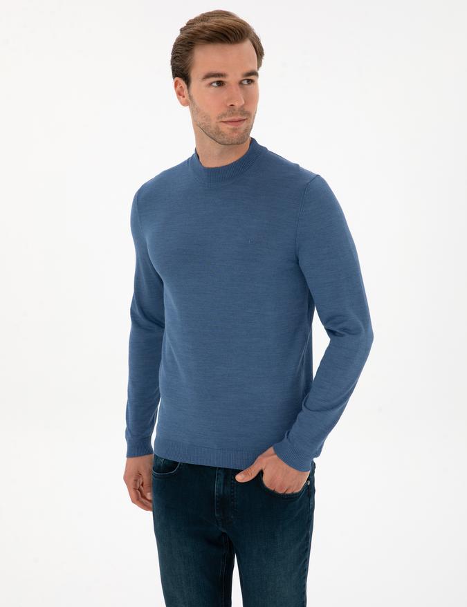 Koyu Mavi Slim Fit Yün Karışımlı Çeyrek Balıkçı Basic Triko Kazak