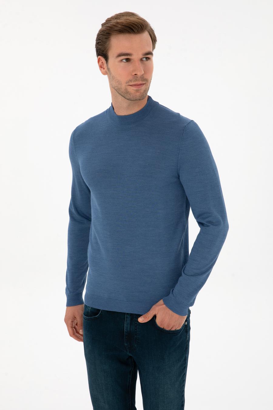 Koyu Mavi Slim Fit Yün Karışımlı Çeyrek Balıkçı Basic Triko Kazak - 50315295017