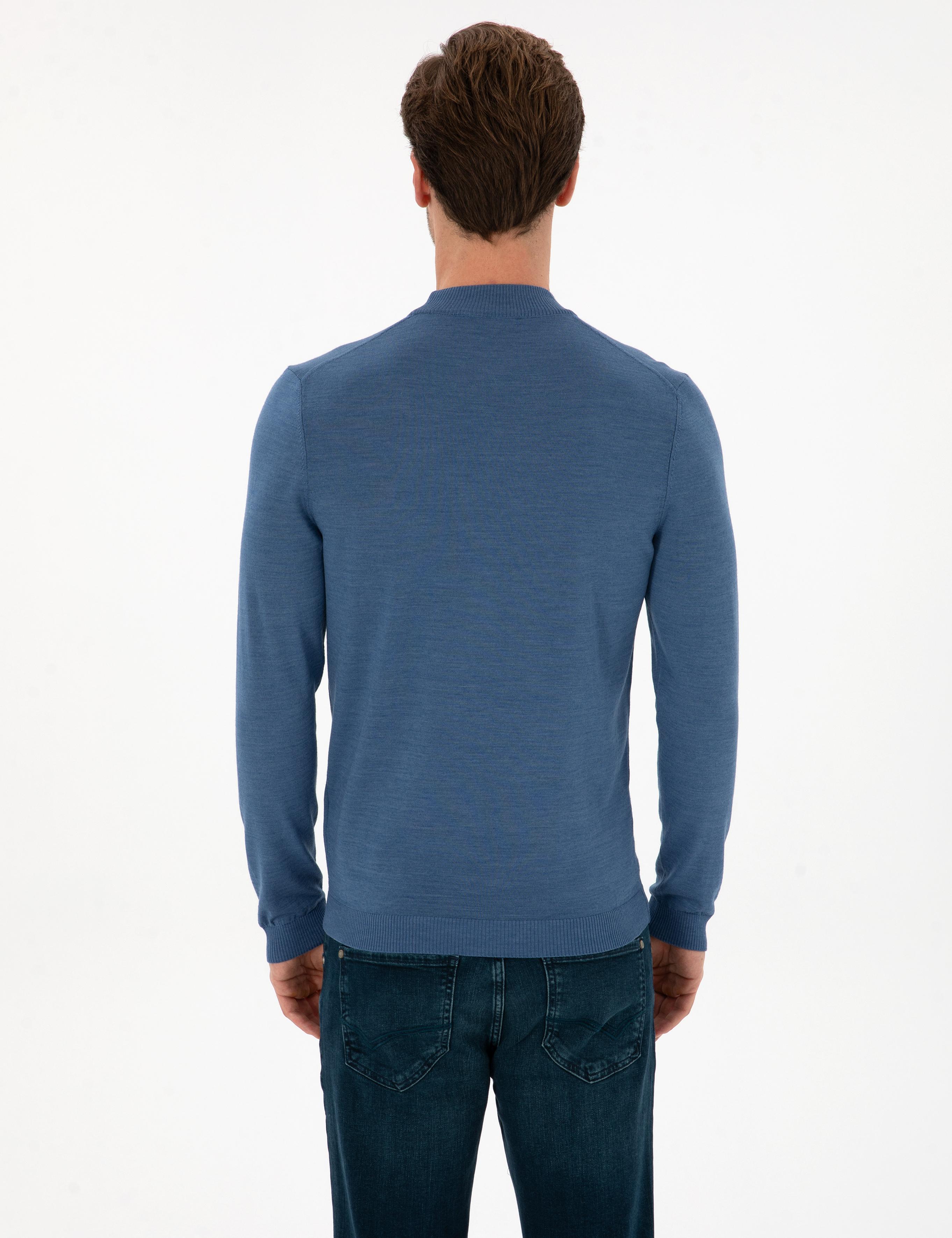 Koyu Mavi Slim Fit Yün Karışımlı Çeyrek Balıkçı Basic Triko Kazak - 50315295017