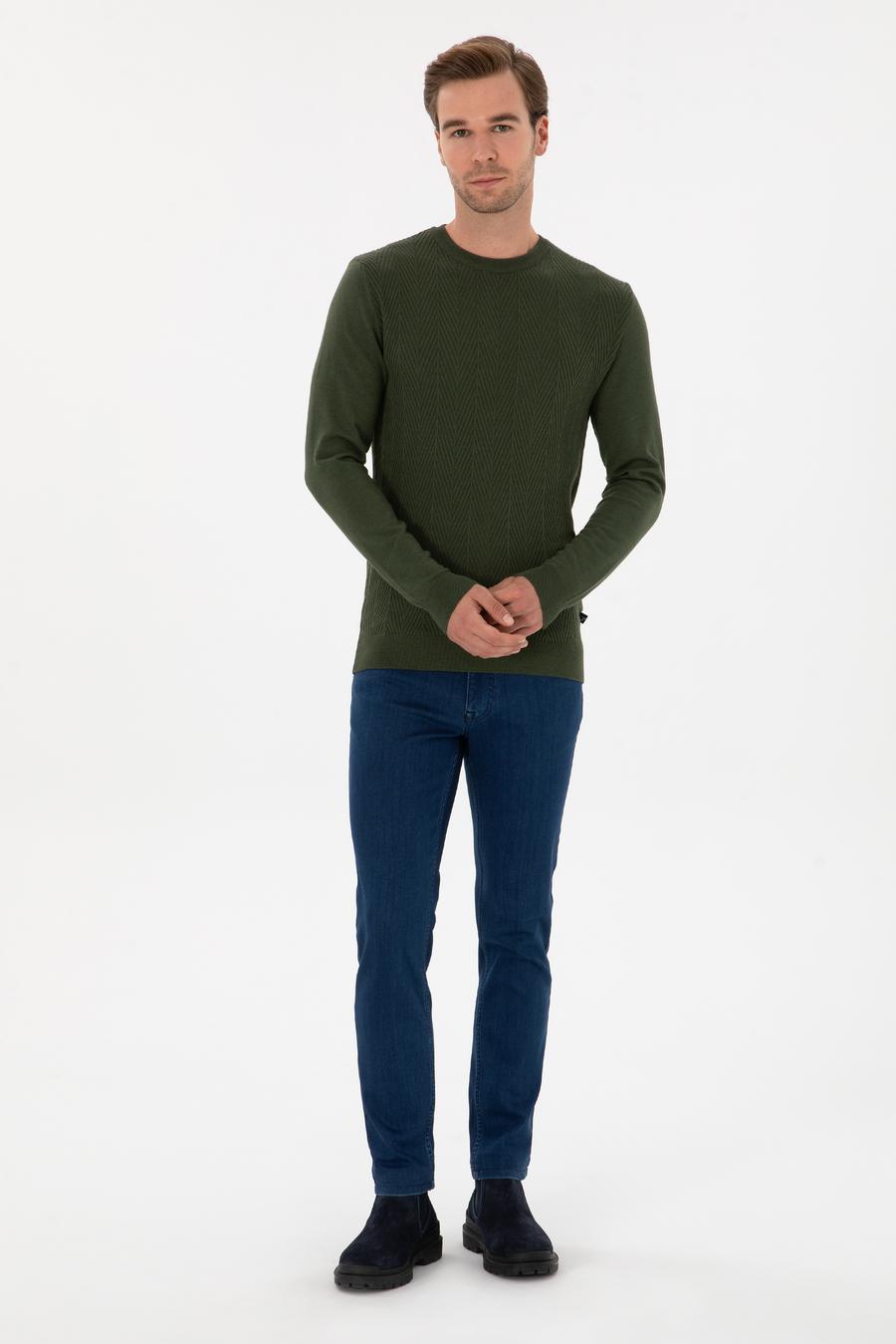 Koyu Haki Slim Fit Yün Karışımlı Bisiklet Yaka Triko Kazak - 50311867035