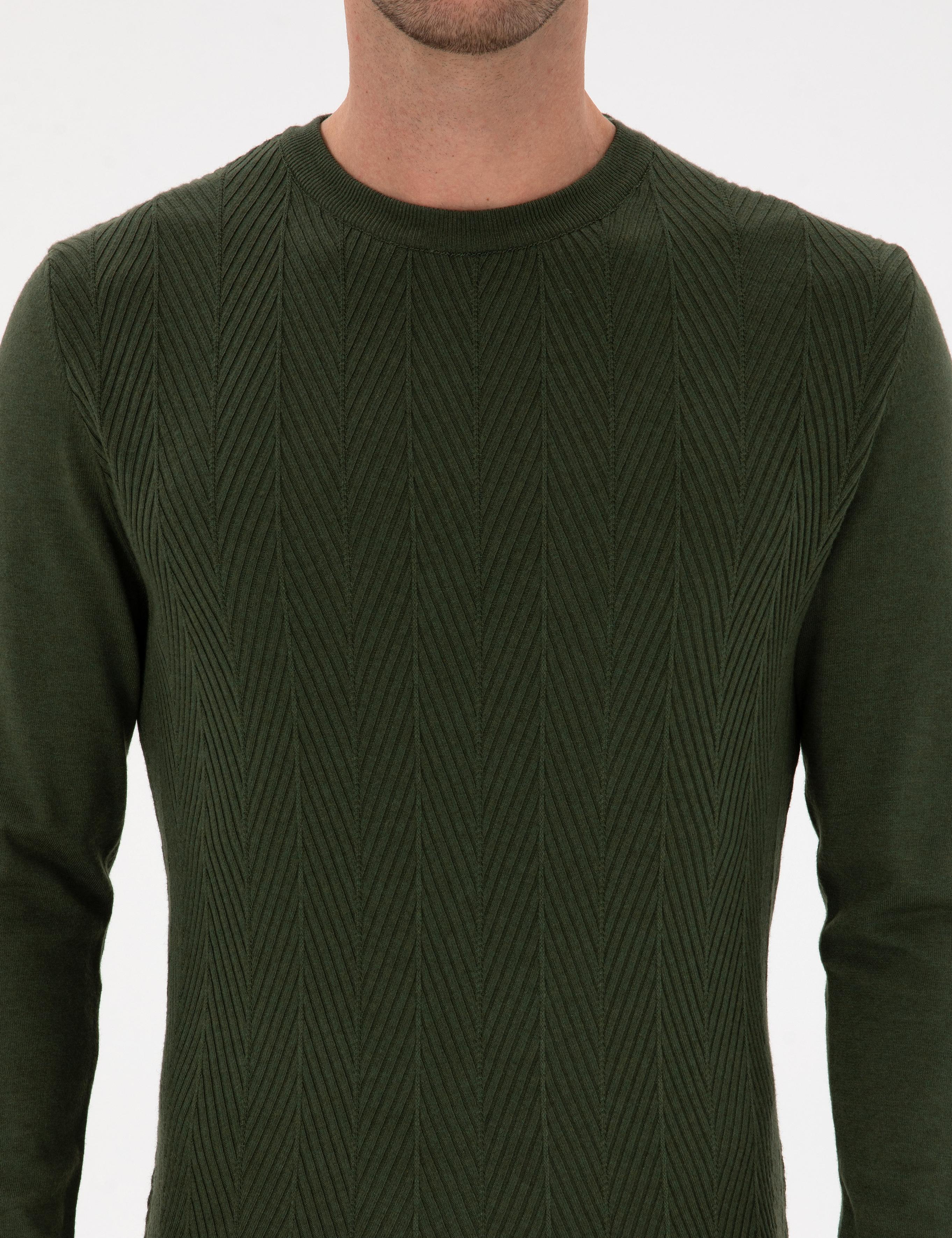 Koyu Haki Slim Fit Yün Karışımlı Bisiklet Yaka Triko Kazak - 50311867035