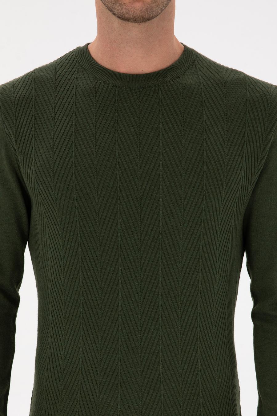 Koyu Haki Slim Fit Yün Karışımlı Bisiklet Yaka Triko Kazak - 50311867035