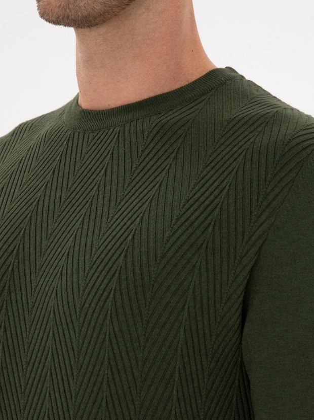 Koyu Haki Slim Fit Yün Karışımlı Bisiklet Yaka Triko Kazak