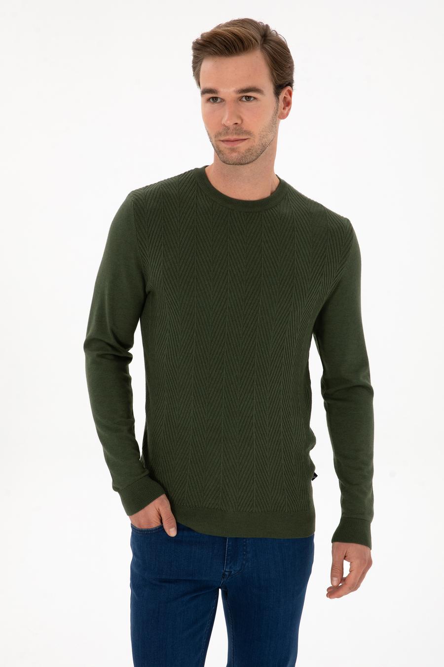 Koyu Haki Slim Fit Yün Karışımlı Bisiklet Yaka Triko Kazak - 50311867035