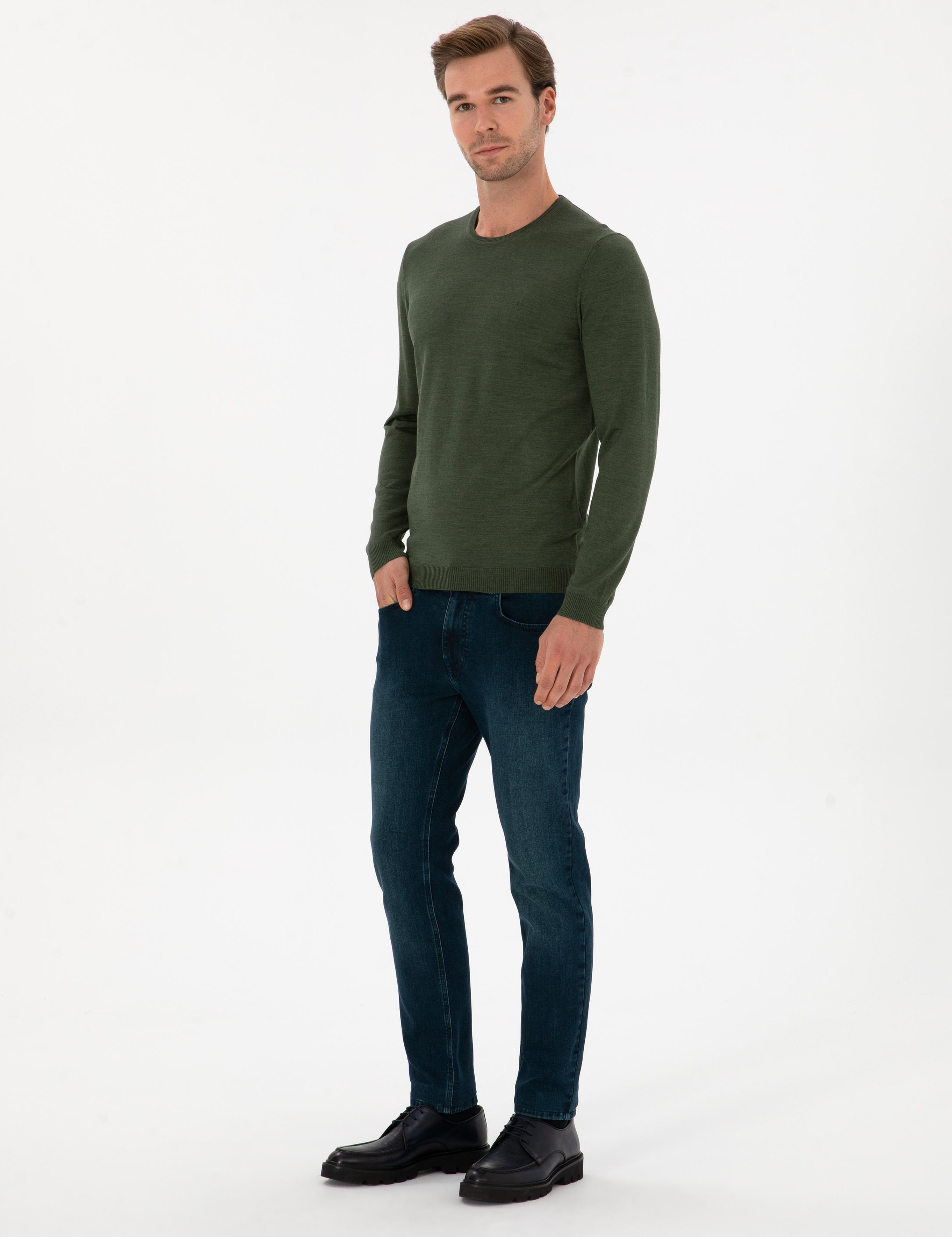 Haki Slim Fit Yün Karışımlı Bisiklet Yaka Basic Triko Kazak - 50315266034