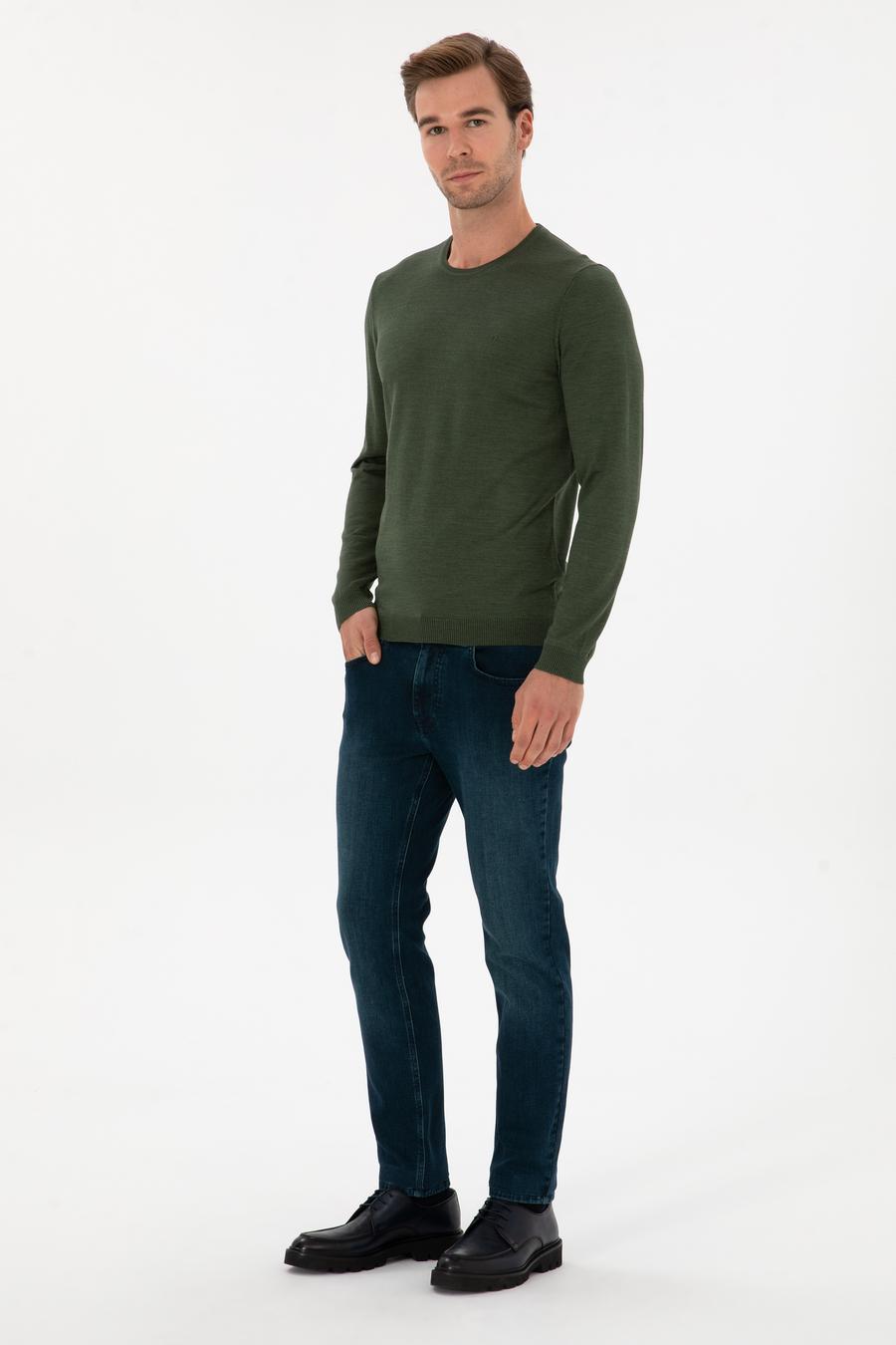 Haki Slim Fit Yün Karışımlı Bisiklet Yaka Basic Triko Kazak - 50315266034