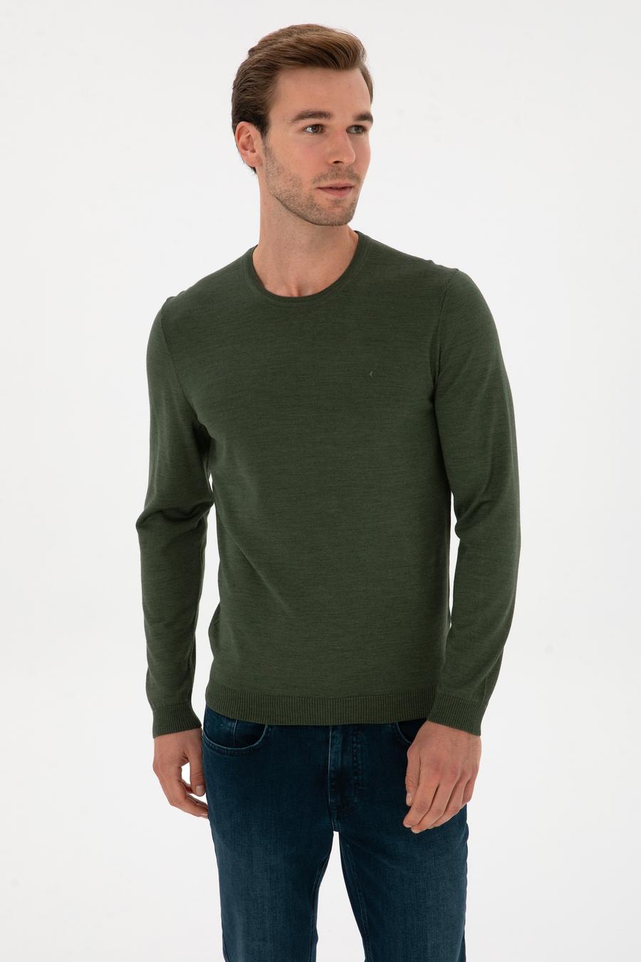 Haki Slim Fit Yün Karışımlı Bisiklet Yaka Basic Triko Kazak - 50315266034