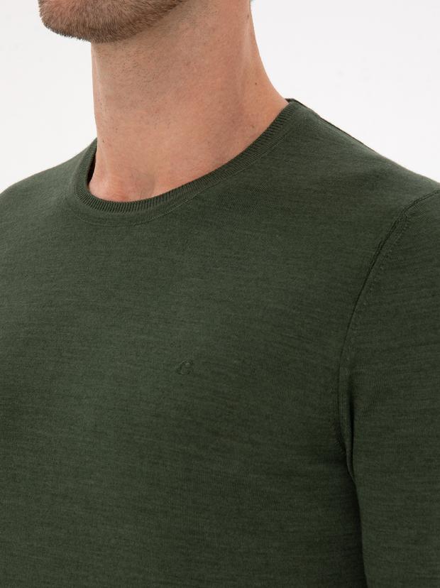 Haki Slim Fit Yün Karışımlı Bisiklet Yaka Basic Triko Kazak
