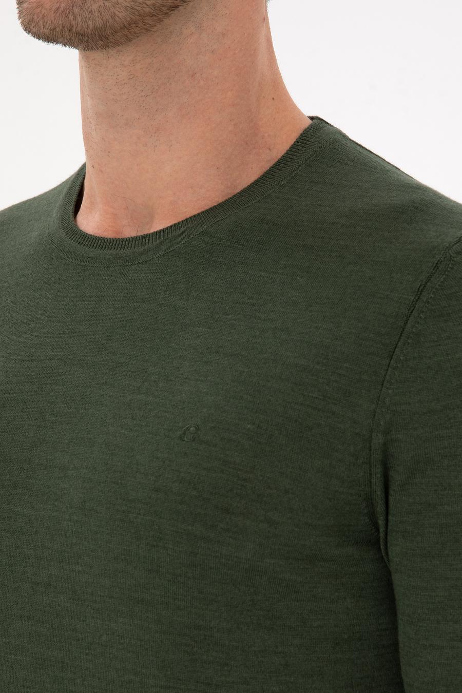 Haki Slim Fit Yün Karışımlı Bisiklet Yaka Basic Triko Kazak - 50315266034