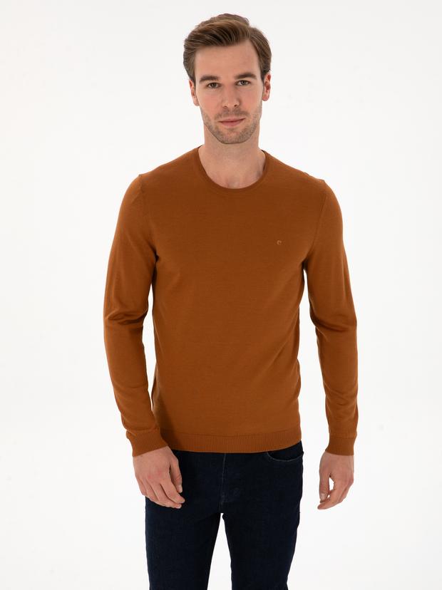 Karamel Slim Fit Yün Karışımlı Bisiklet Yaka Basic Triko Kazak
