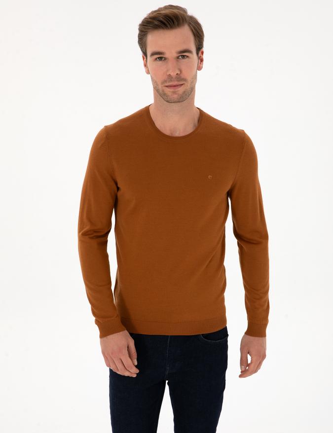Karamel Slim Fit Yün Karışımlı Bisiklet Yaka Basic Triko Kazak