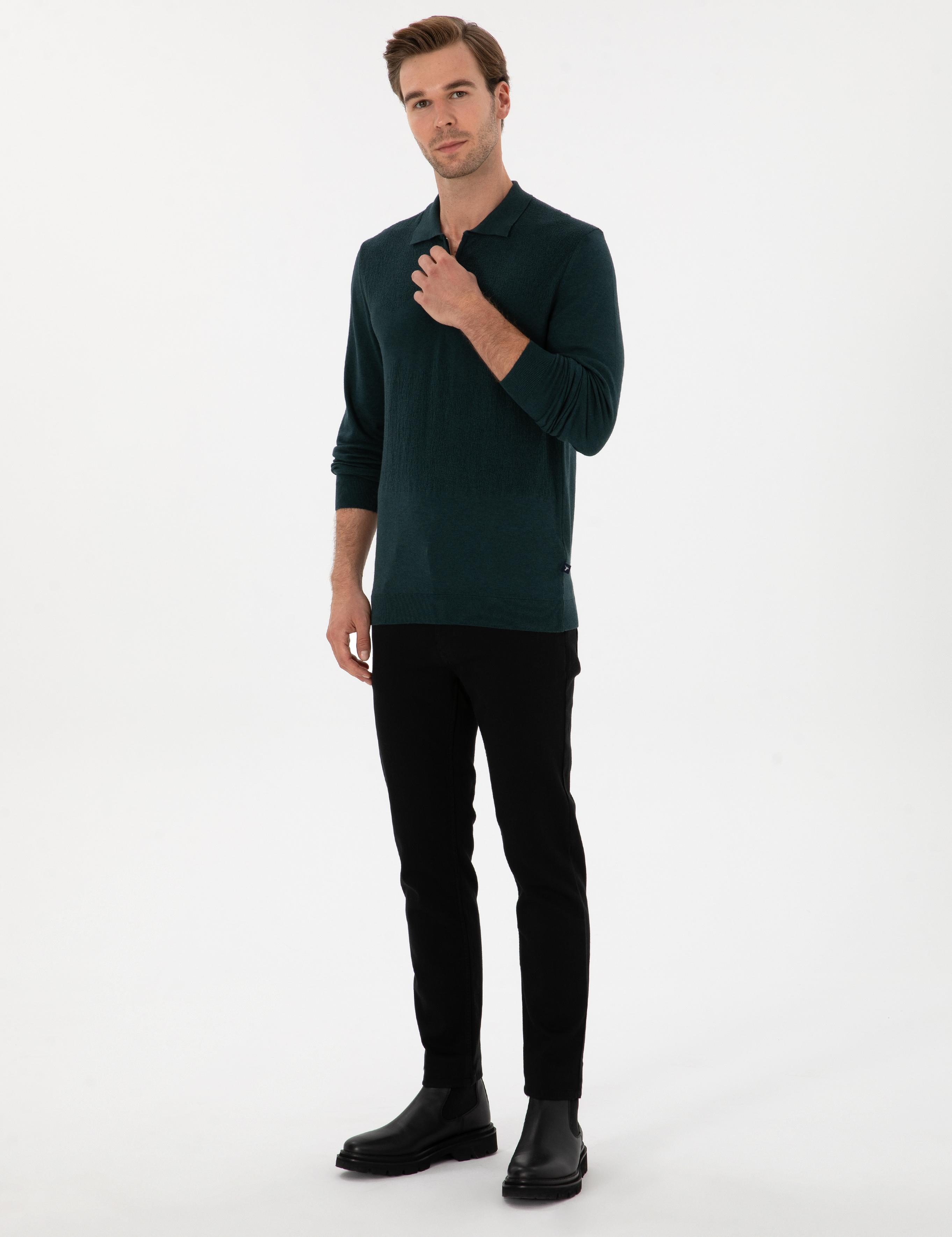 Koyu Yeşil Regular Fit Yün Karışımlı Fermuarlı Polo Yaka Triko Kazak - 50311854032