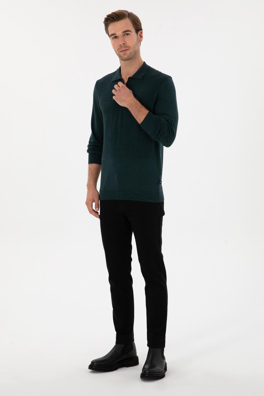 Koyu Yeşil Regular Fit Yün Karışımlı Fermuarlı Polo Yaka Triko Kazak - 50311854032