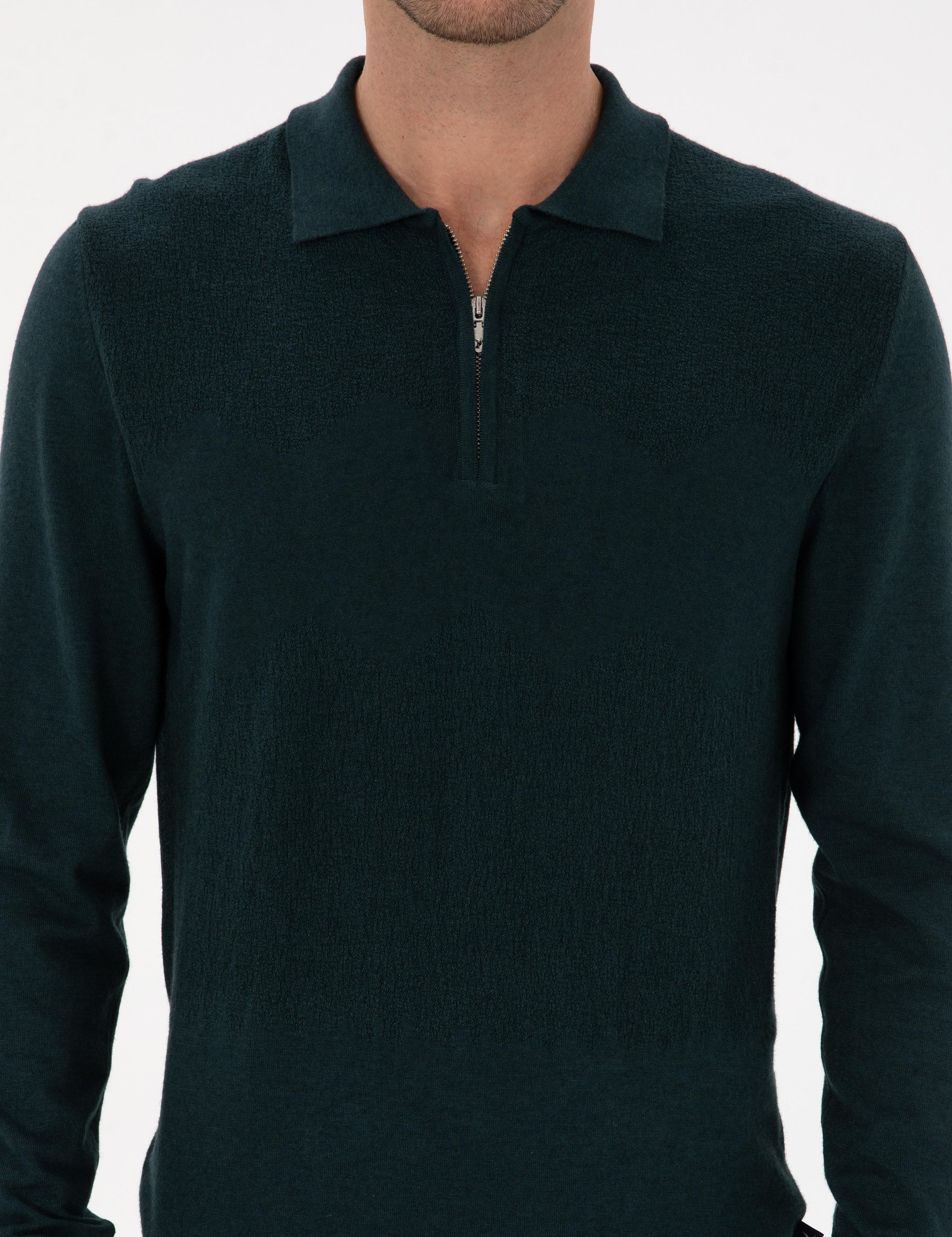 Koyu Yeşil Regular Fit Yün Karışımlı Fermuarlı Polo Yaka Triko Kazak - 50311854032
