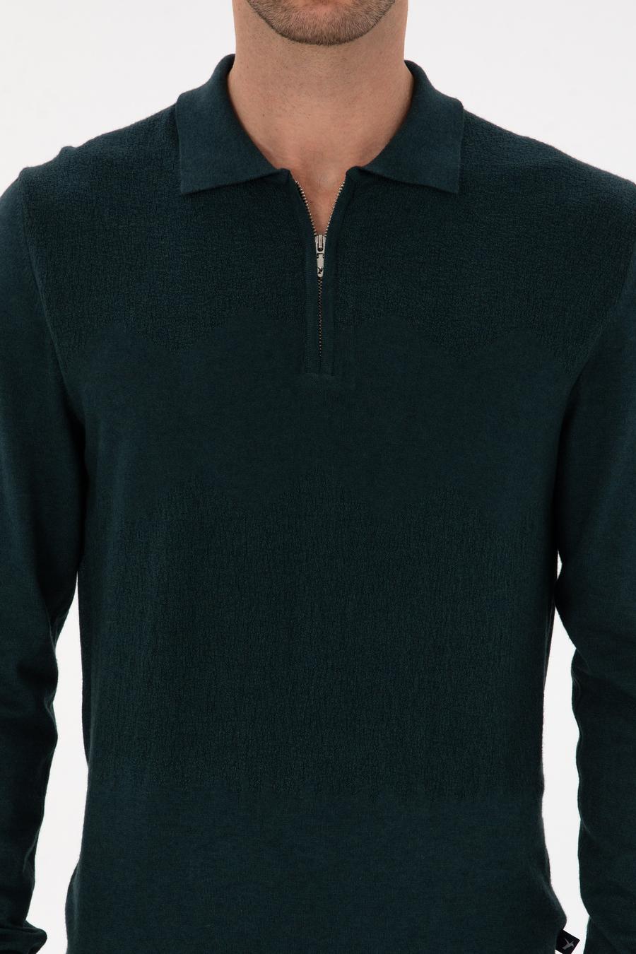 Koyu Yeşil Regular Fit Yün Karışımlı Fermuarlı Polo Yaka Triko Kazak - 50311854032