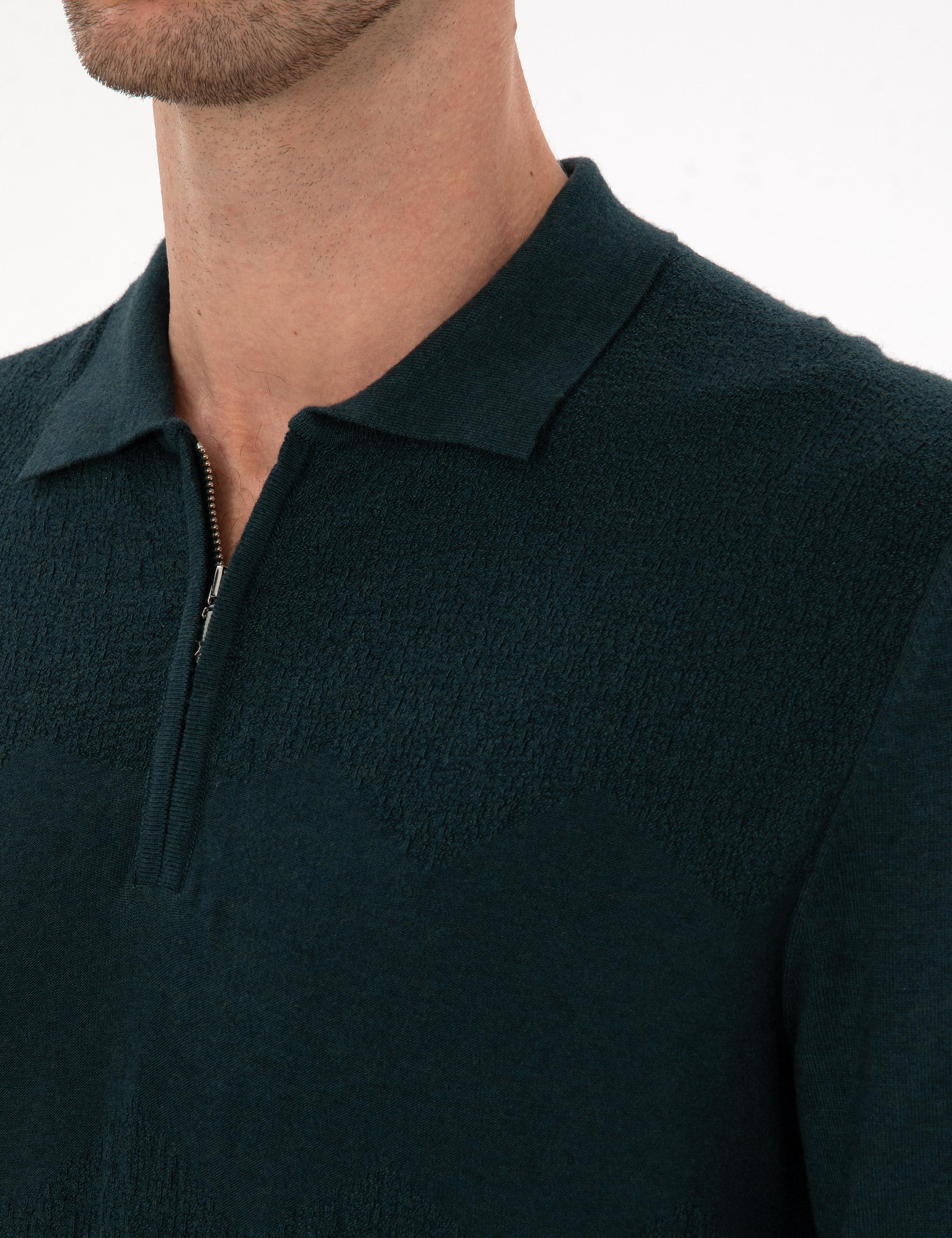 Koyu Yeşil Regular Fit Yün Karışımlı Fermuarlı Polo Yaka Triko Kazak - 50311854032