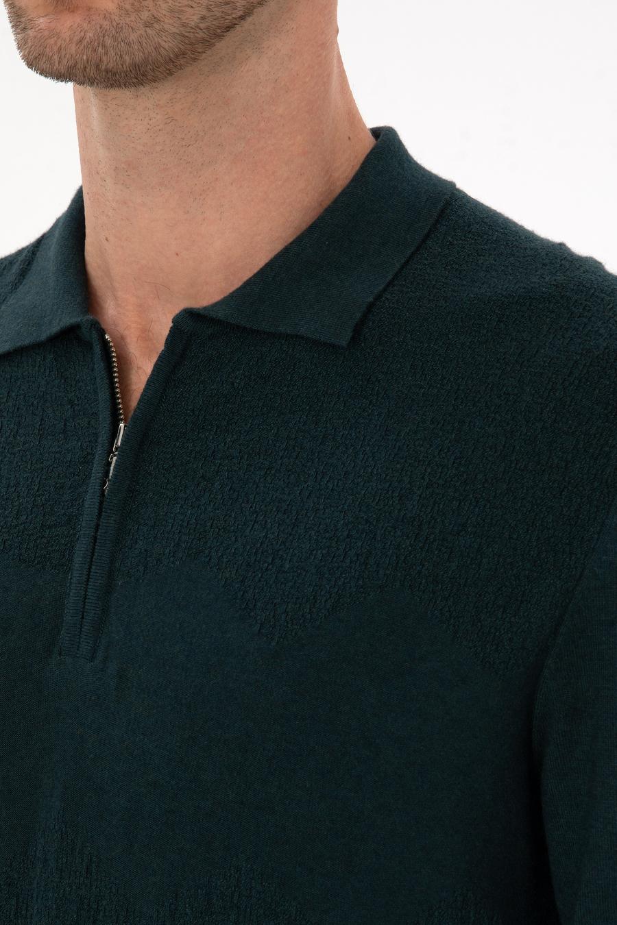 Koyu Yeşil Regular Fit Yün Karışımlı Fermuarlı Polo Yaka Triko Kazak - 50311854032