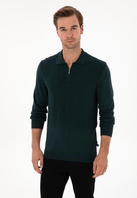 Koyu Yeşil Regular Fit Yün Karışımlı Fermuarlı Polo Yaka Triko Kazak