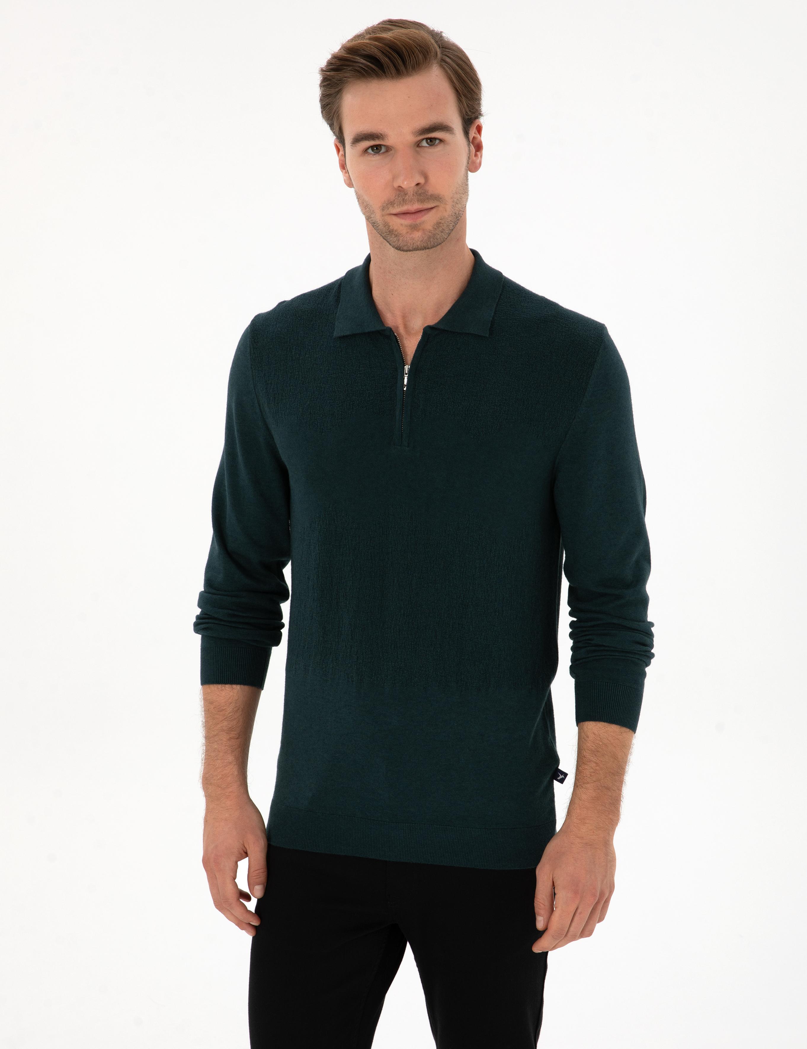 Koyu Yeşil Regular Fit Yün Karışımlı Fermuarlı Polo Yaka Triko Kazak - 50311854032