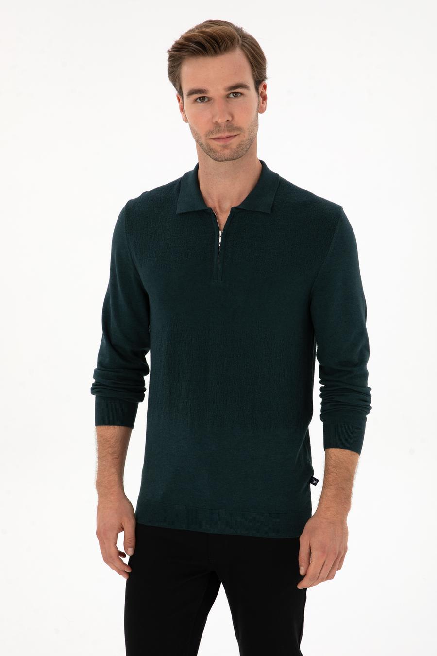 Koyu Yeşil Regular Fit Yün Karışımlı Fermuarlı Polo Yaka Triko Kazak - 50311854032