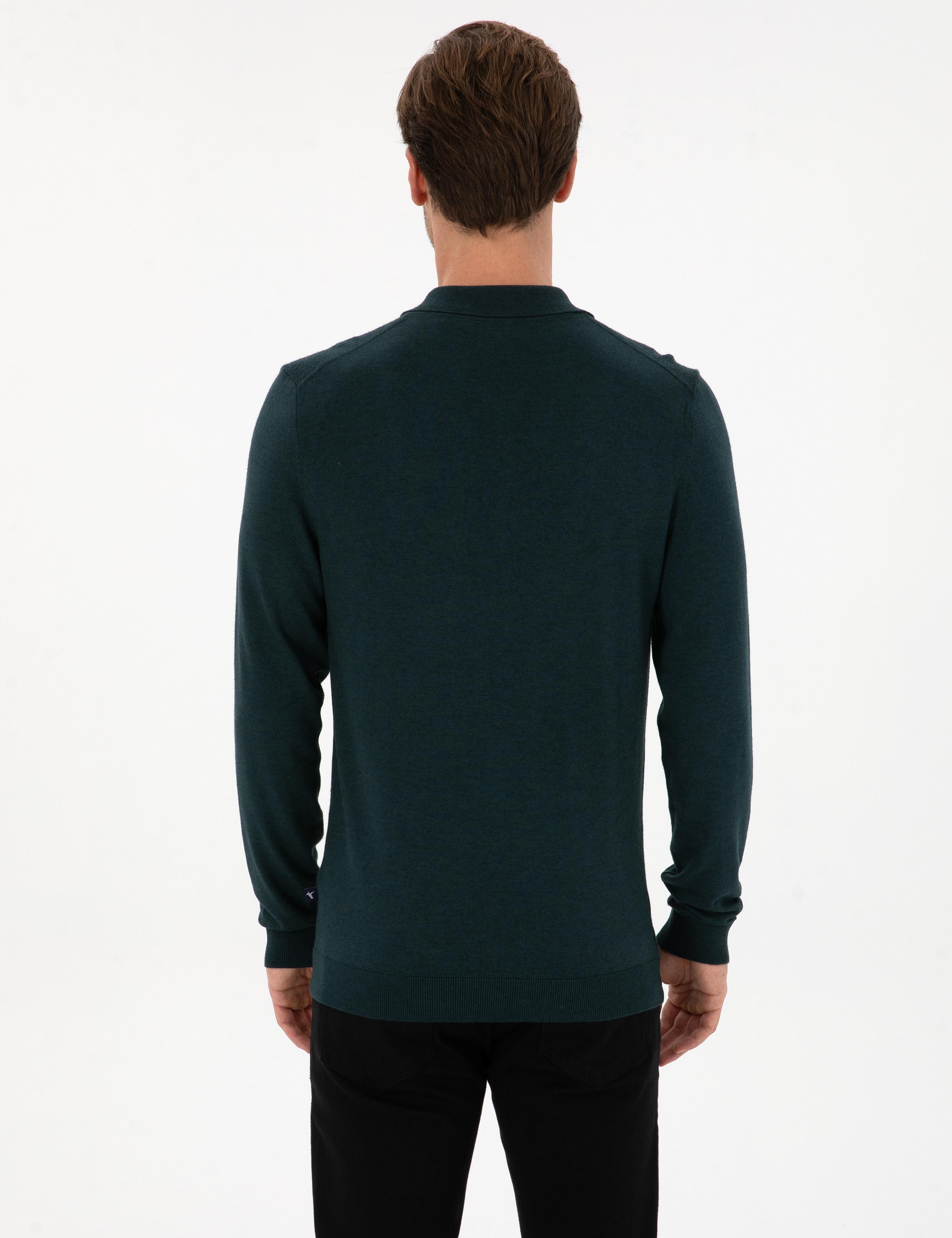 Koyu Yeşil Regular Fit Yün Karışımlı Fermuarlı Polo Yaka Triko Kazak - 50311854032