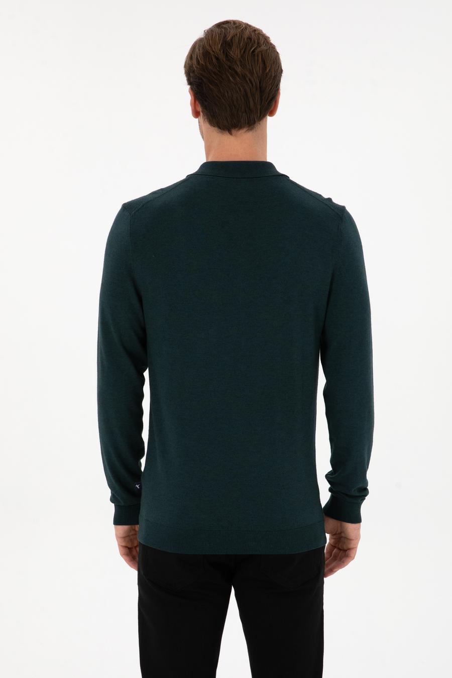 Koyu Yeşil Regular Fit Yün Karışımlı Fermuarlı Polo Yaka Triko Kazak - 50311854032