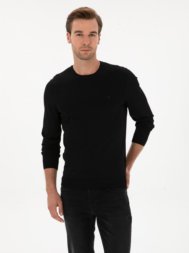 Siyah Slim Fit Bisiklet Yaka Triko Kazak