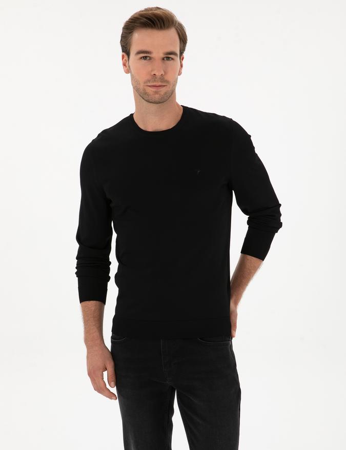 Siyah Slim Fit Bisiklet Yaka Triko Kazak