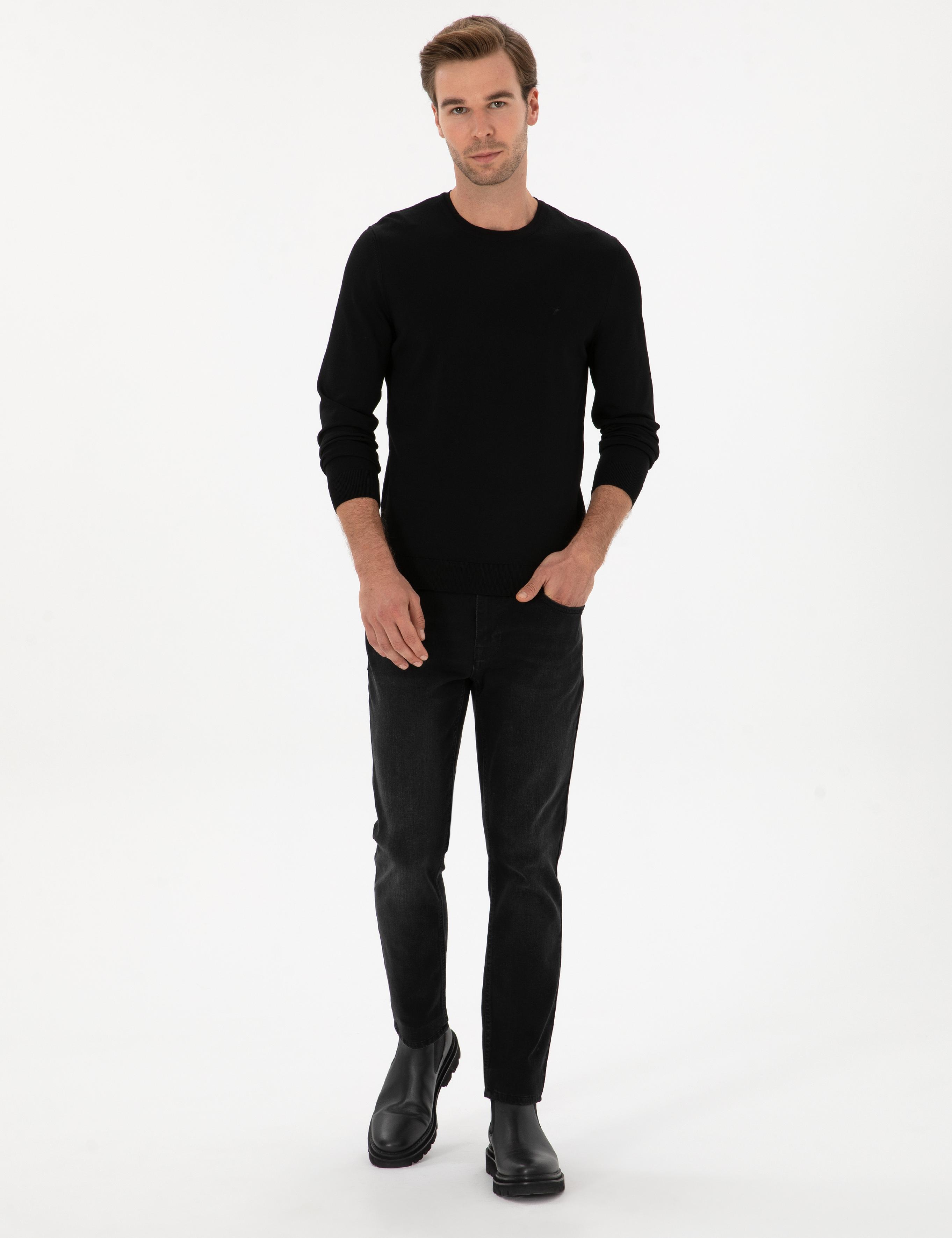 Siyah Slim Fit Bisiklet Yaka Triko Kazak - 50316331012