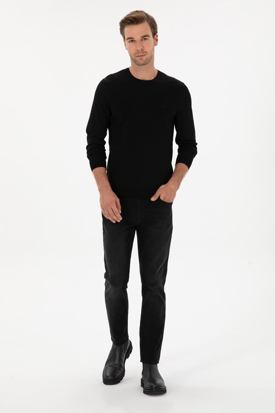 Siyah Slim Fit Bisiklet Yaka Triko Kazak - 50316331012