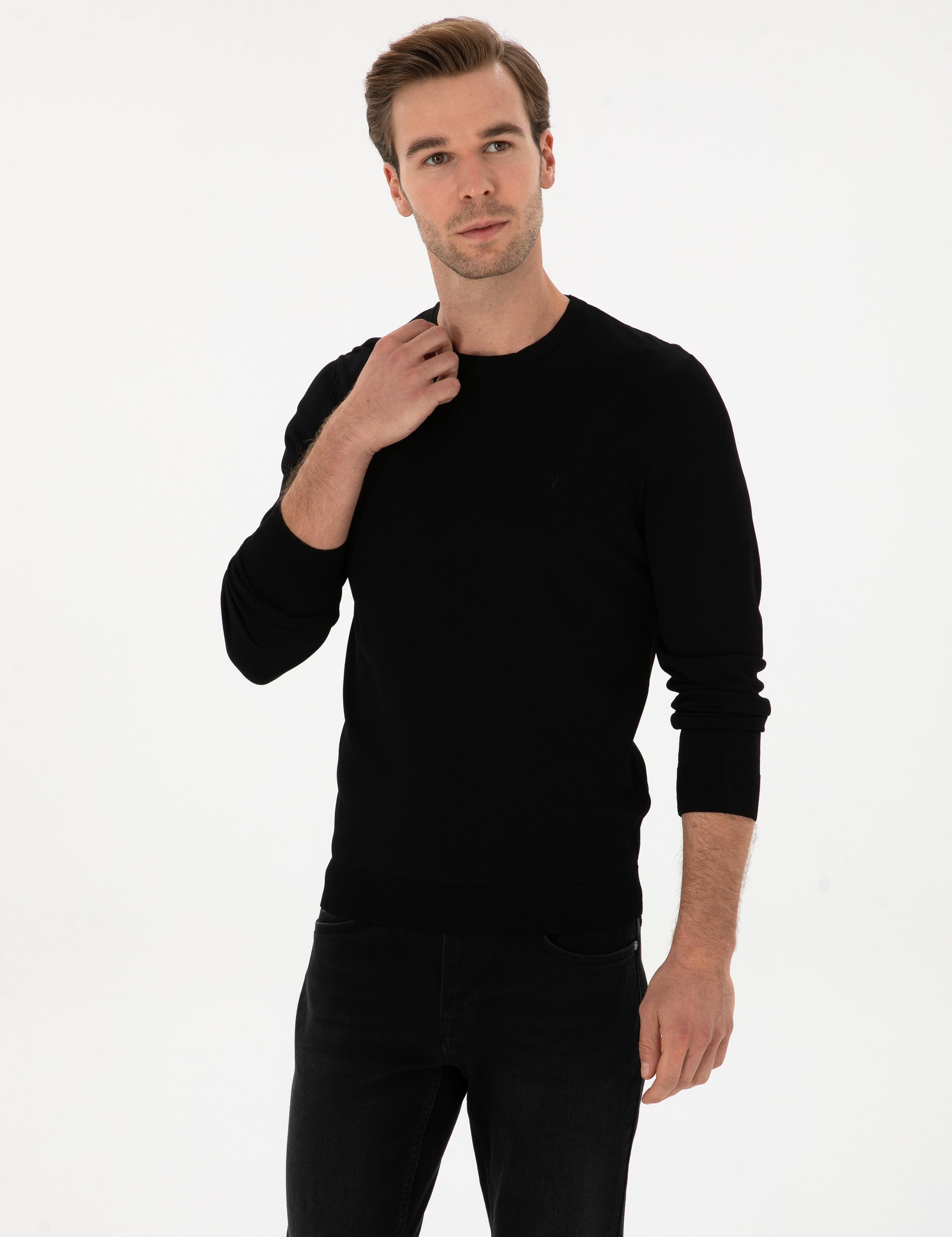 Siyah Slim Fit Bisiklet Yaka Triko Kazak - 50316331012