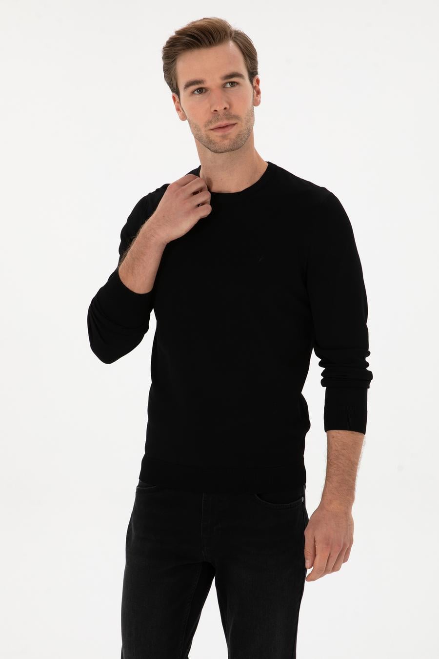 Siyah Slim Fit Bisiklet Yaka Triko Kazak - 50316331012
