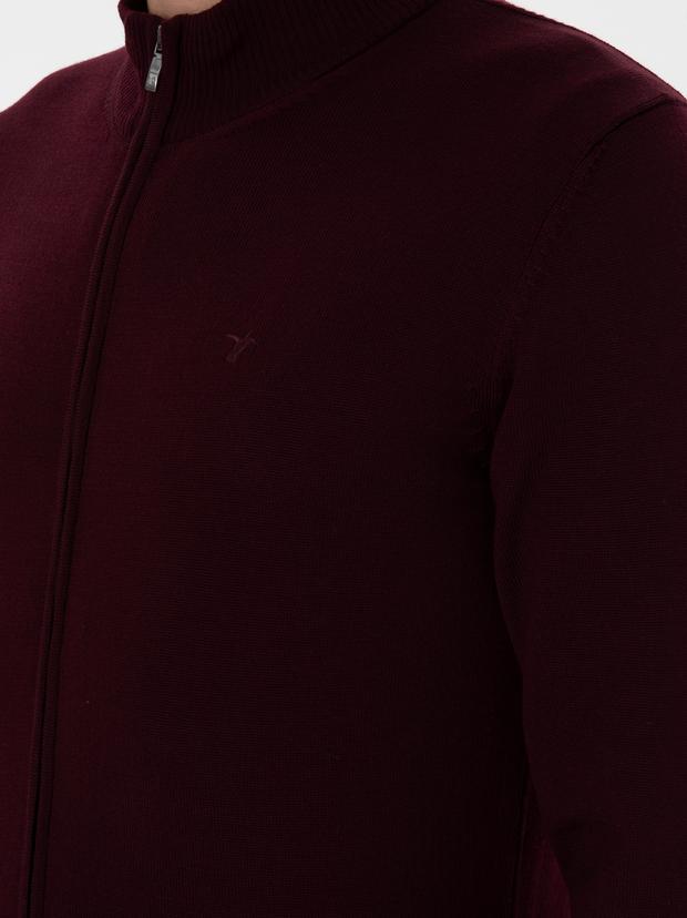 Bordo Regular Fit Tam Fermuarlı Triko Hırka