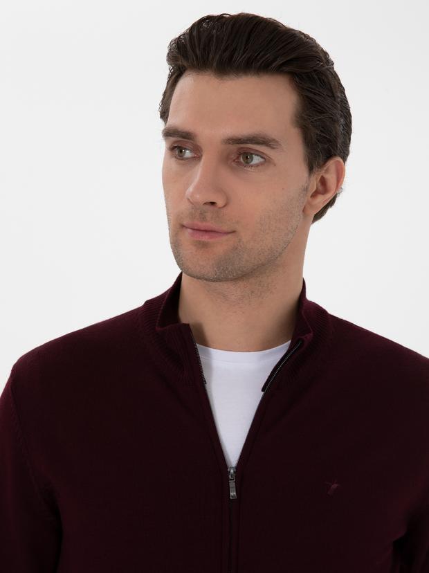 Bordo Regular Fit Tam Fermuarlı Triko Hırka