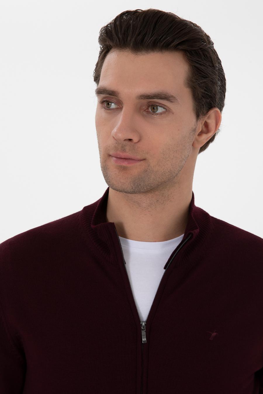 Bordo Regular Fit Tam Fermuarlı Triko Hırka - 50275636068