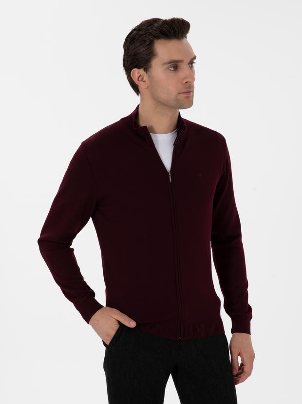 Bordo Regular Fit Tam Fermuarlı Triko Hırka