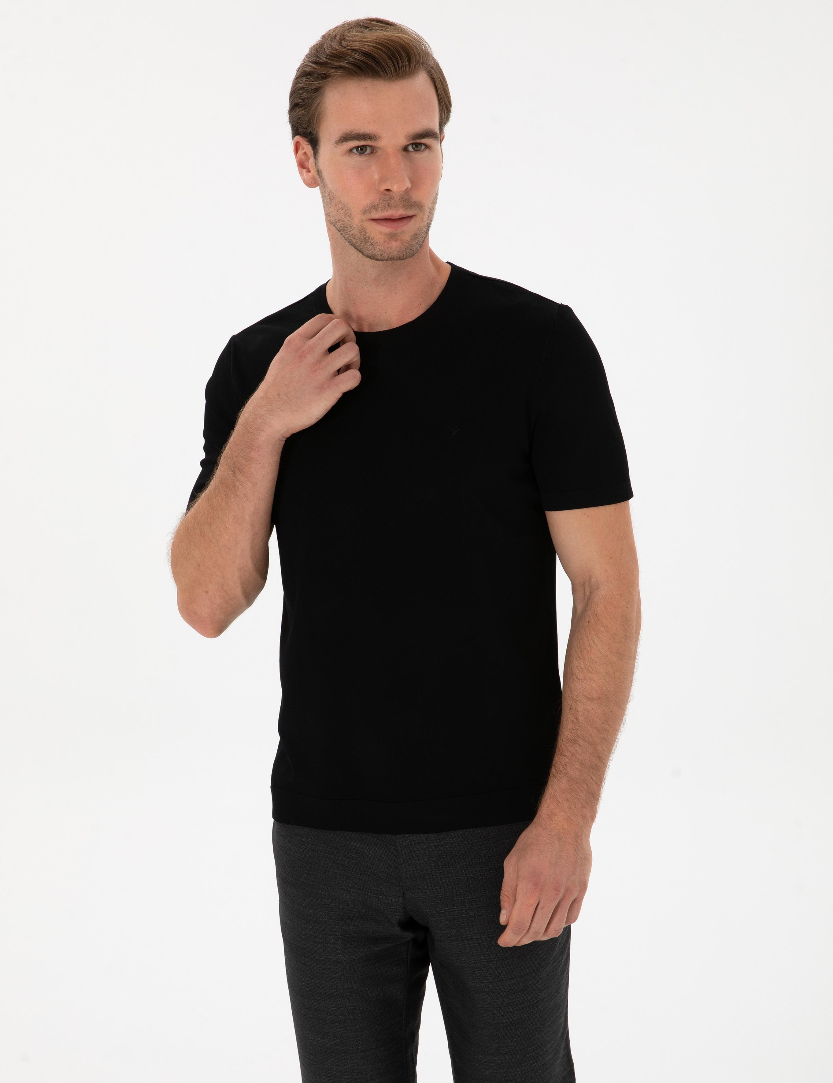 Siyah Slim Fit Bisiklet Yaka Triko T-shirt - 50314608020