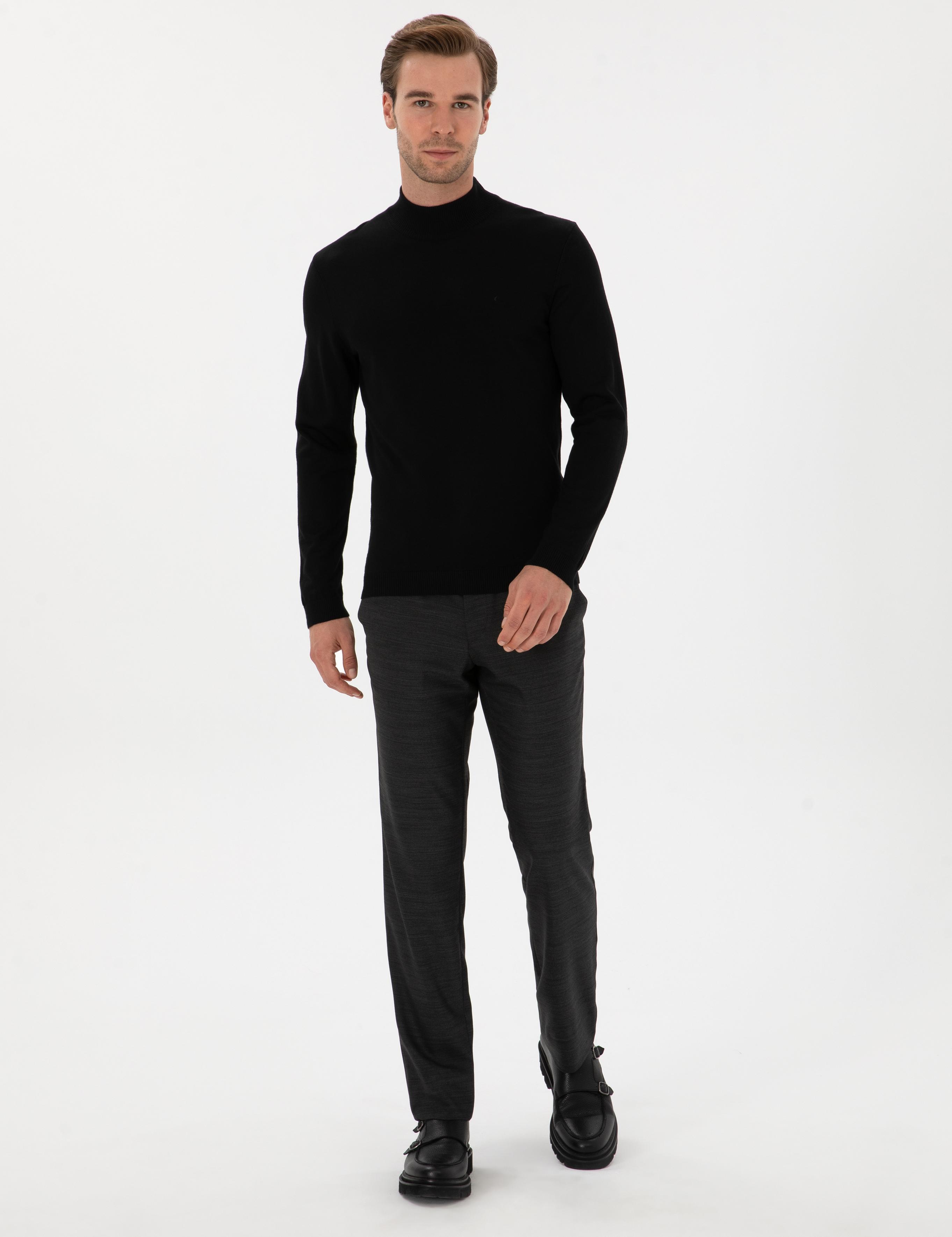 Siyah Slim Yün Karışımlı Fit Yarım Balıkçı Basic Triko Kazak - 50315296025