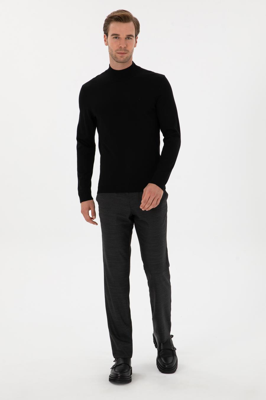 Siyah Slim Yün Karışımlı Fit Yarım Balıkçı Basic Triko Kazak - 50315296025