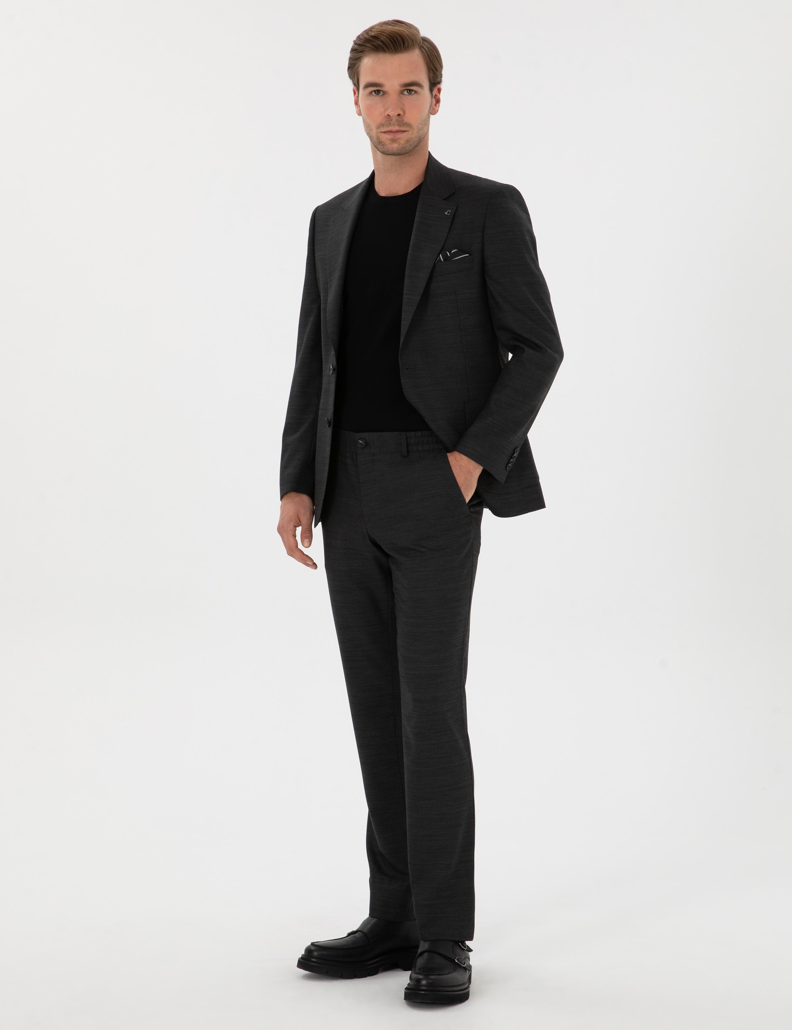 Antrasit Slim Fit  Mikro Desenli Mono Yaka Yün Karışımlı Takım Elbise - 50310980038
