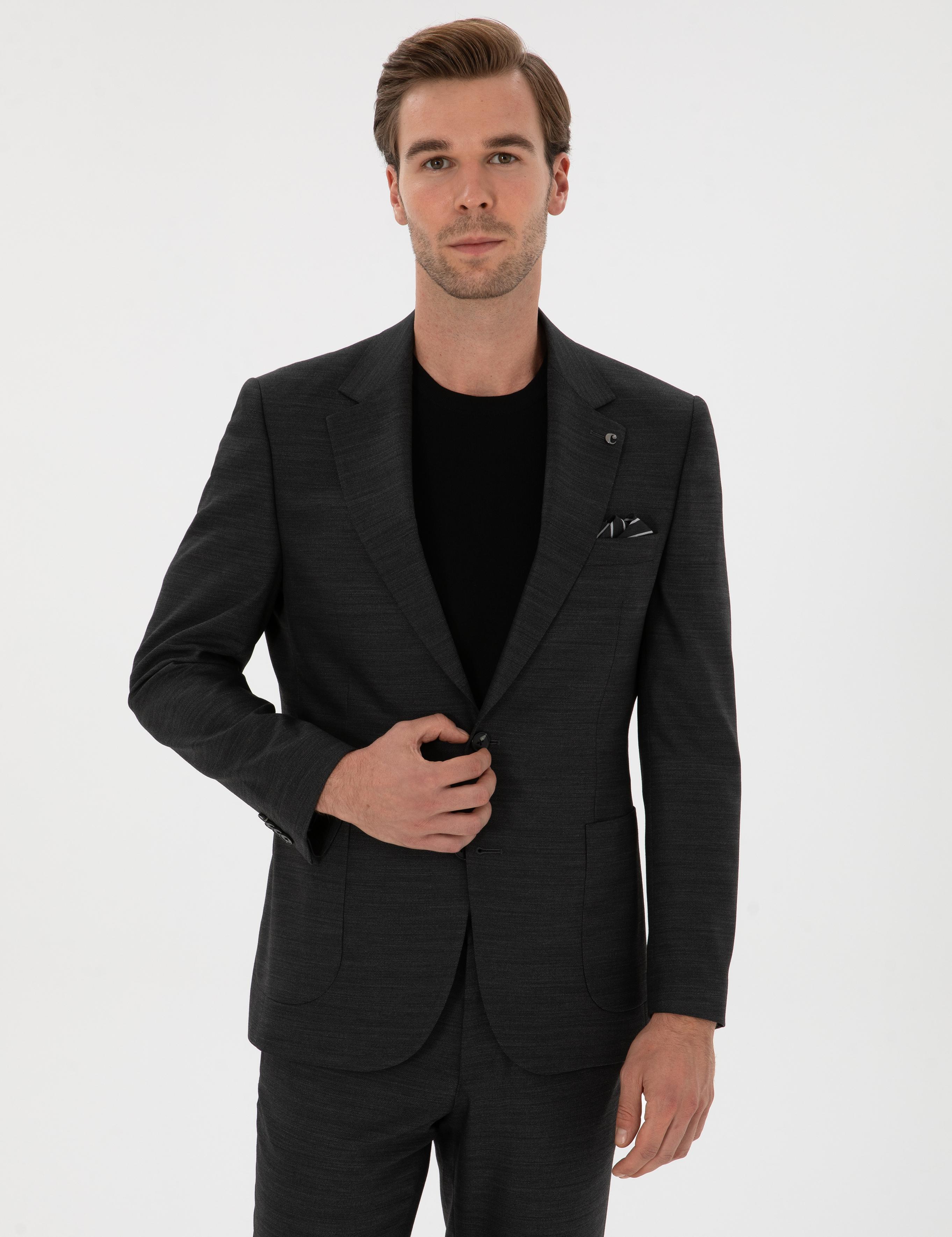 Antrasit Slim Fit  Mikro Desenli Mono Yaka Yün Karışımlı Takım Elbise - 50310980038