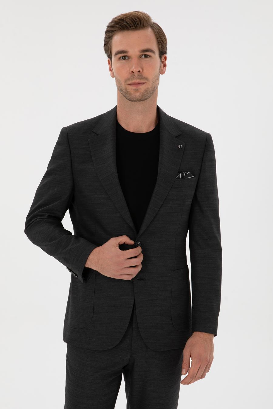 Antrasit Slim Fit  Mikro Desenli Mono Yaka Yün Karışımlı Takım Elbise - 50310980038